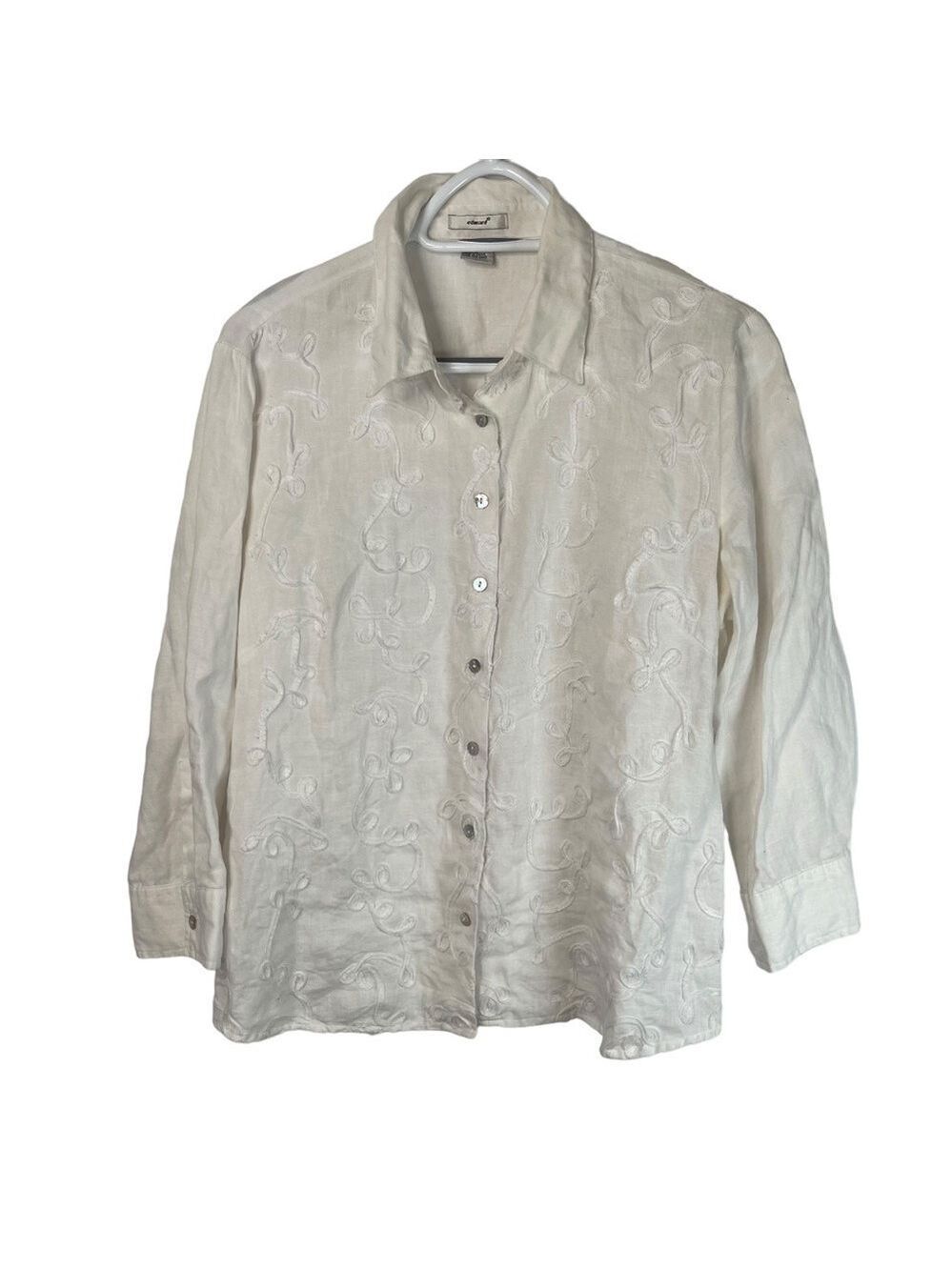 Edward Womens Size Large White Linen Blouse Button Up Shirt Embroidered